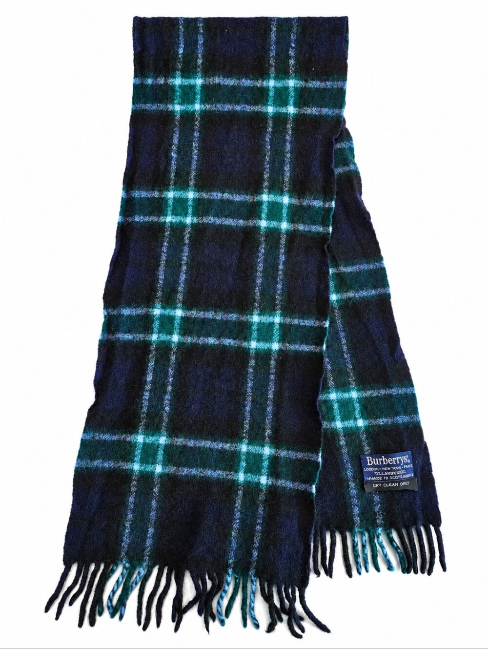 VTG Burberrys Scotland Lambswool Plaid Scarf Navy Green Fringe